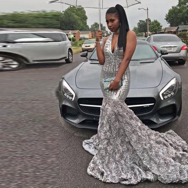 

party dresses shiny sliver sequined mermaid evening v neck rose flower celebrity gown sweep train plus size gowns, White;black