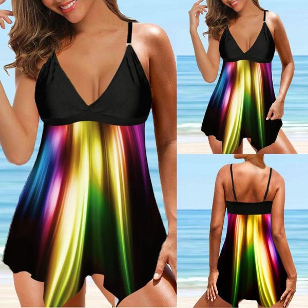 Mulheres femininas Mulheres grandes roupas de bodysuits impressos gradiente vintage Tankini Swimsuits Push Up Two Peça Controle de Baia de Praia Desgaste 2021