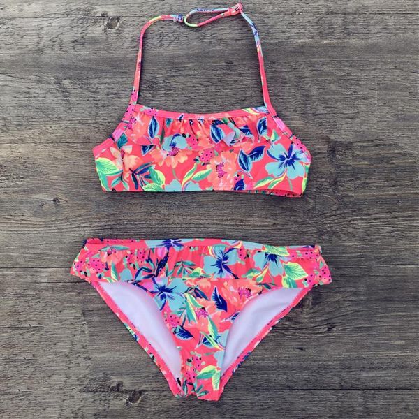 

7-14 years girls swimsuits 2 pieces bikinis sets printing flower girl children swimwear kids bathing suit beachwear one-piece suits