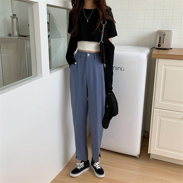 

women's pants & capris chic retro split slim 2021 all match vintage high waist brief trousers stylish office lady large size straight, Black;white