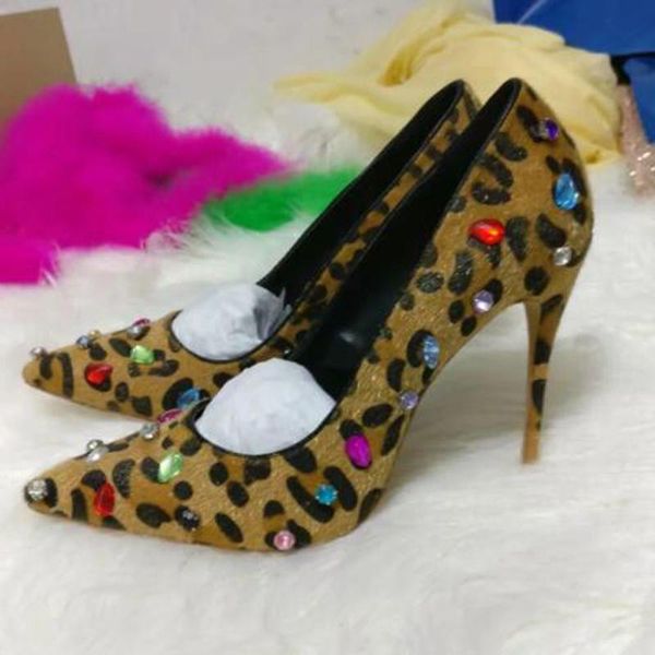 

spring leopard horsehair multi gem rhinestone decor pointed toe pumps ladies celebrity stilettos mujer high heels party shoes dress, Black