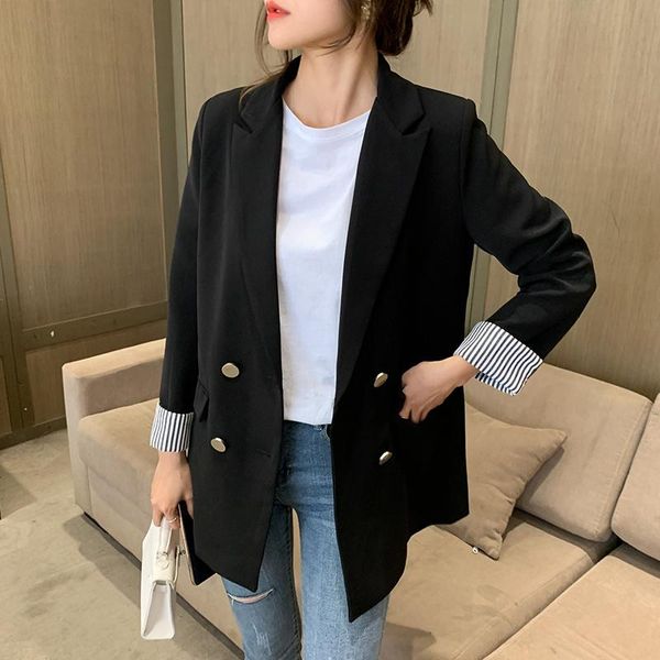 

women's suits & blazers women black blzer striped office pockets england korea casual loose female jacket outerwear, White;black