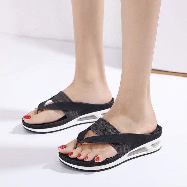 

slippers summer woman sandals leather comfortable beach lightweight fashion air cushion women's mid-heels flip flops, Black