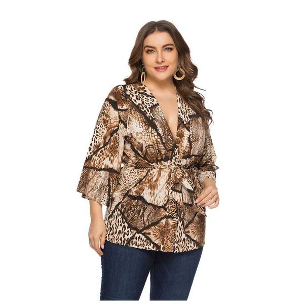 

plus size t-shirt women clothing fall loose deep v neck snake print lace-up maxi summer autumn lady cloth 5xl 6xl