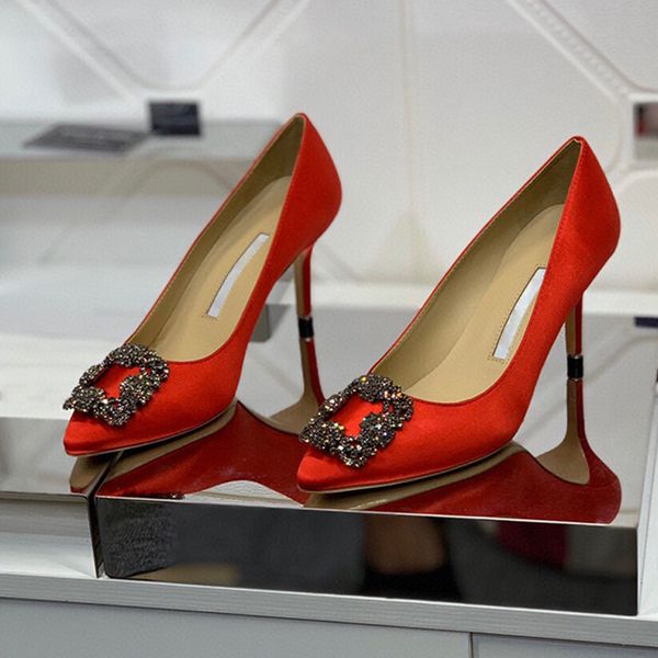

designer womens high heels wedding shoes silk rhinestone red square buckle leather luxury shoes pointed toe 9.5cm 34-41 brands, Black