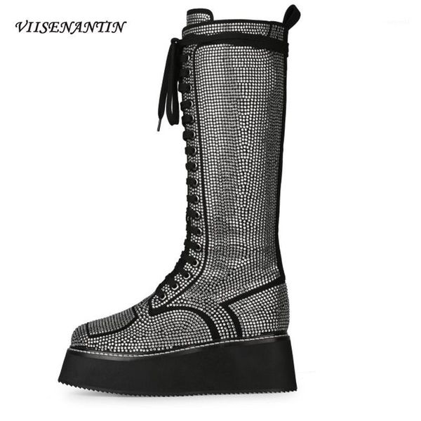 

boots european american bling rhinestone lace-up knee high women platform tube full drill fashion catwalk1, Black
