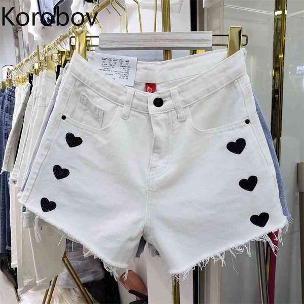 

korobov korean summer love embroidery shorts streetwear button zipper sweet short pants preppy style denim mini pants 210430, White;black
