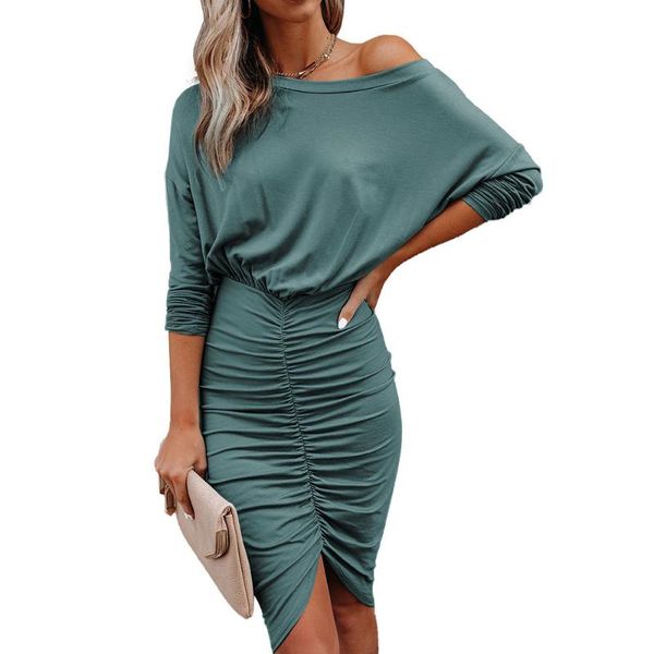 

maternity dresses women's dress long sleeve middle skirt solid color slant shoulder slim fit wrinkle hip wrap clothes, White