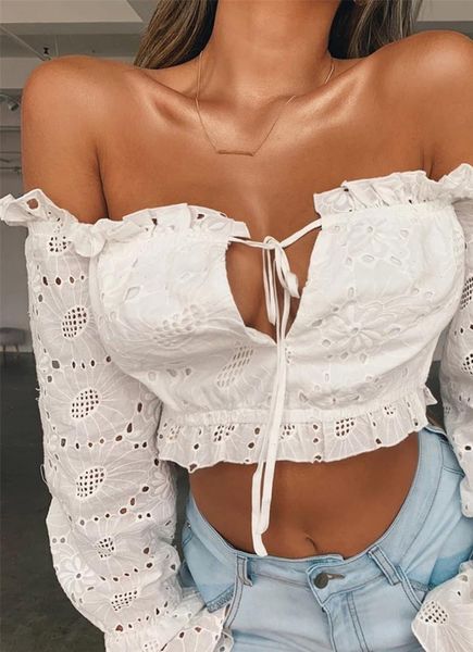 

slash neck lace hollow women shirts strapless off shoulder crop blouse long sleeve bare midriff nbsp, White