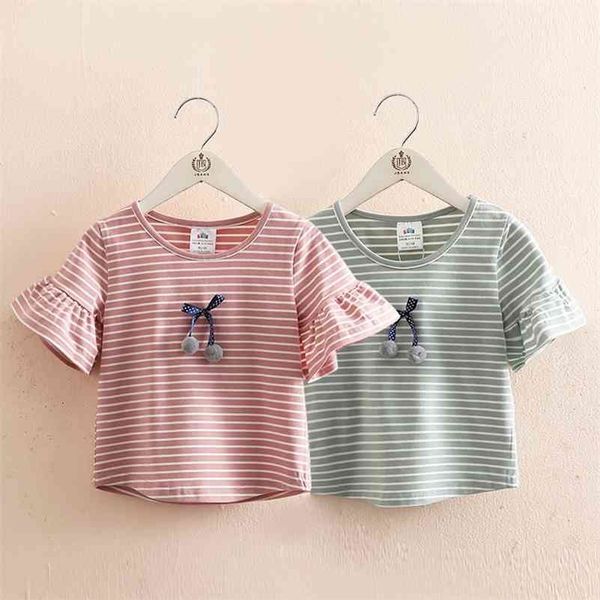 

summer novelty 2-10 years children's clothing o-neck trumpet flare short sleeve bow striped t-shirt for baby kids girl 210701, Blue