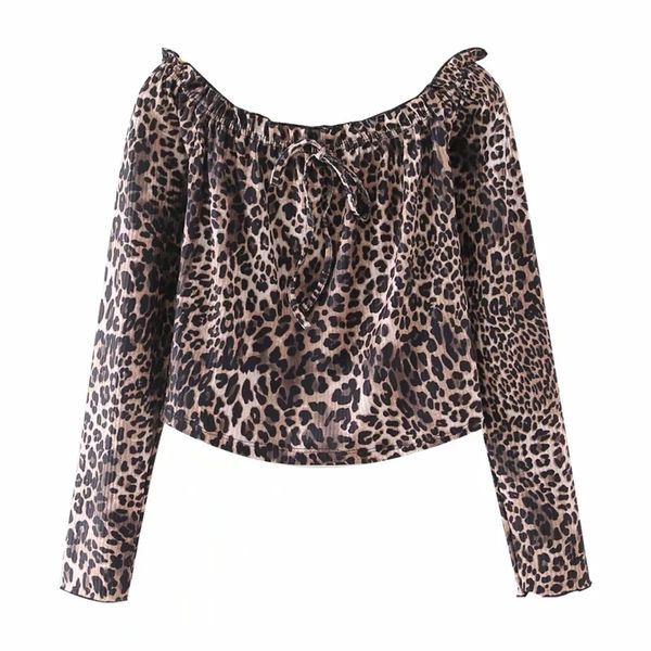 

spring women leopard print slash neck short shirt female long sleeve blouse casual lady slim crop blusas s8531 210430, White