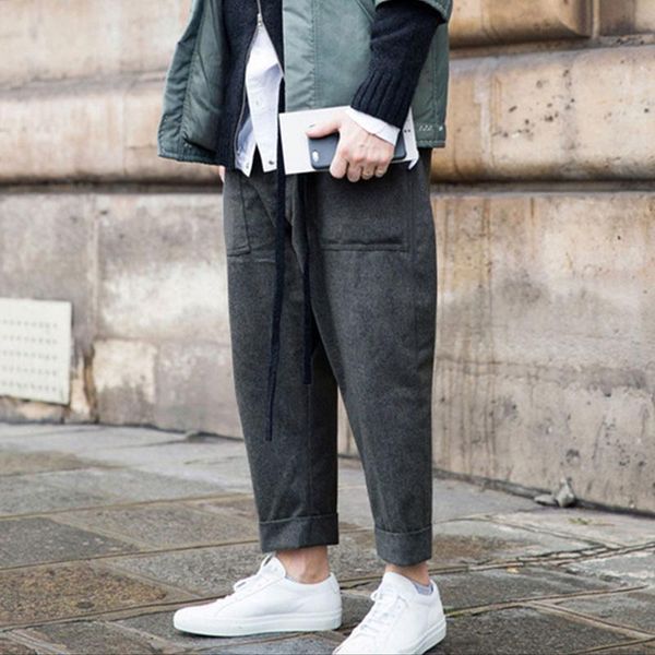 

men's pants woolen cloth footwear casual loose winter overalls rolled up multi-pocket harem, Black