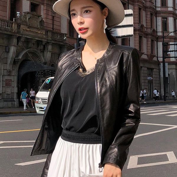 

women's leather & faux jacket women 2021 sheepskin genuine short slim motorcycle real chaqueta mujer ot1887 yy628, Black