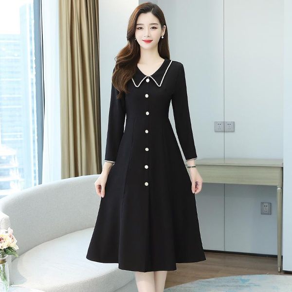 

casual dresses 2021 vintage black elegant shirt midi autumn winter solid long sleeve dress women fashion bodycon party vestidos, Black;gray