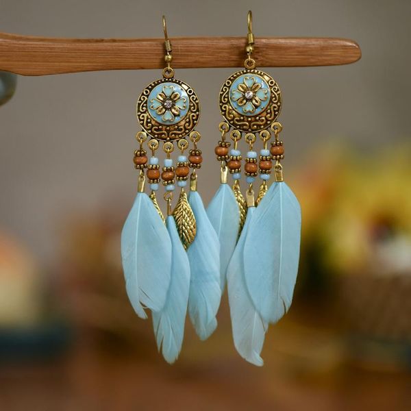 

hoop & huggie round painting oil long-style tassel earrings female feather european and american, Golden;silver