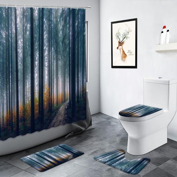 

shower curtains fog forest landscape yellow leaves trees autumn natural scenery bathroom decor non-slip rug toilet bath mats set