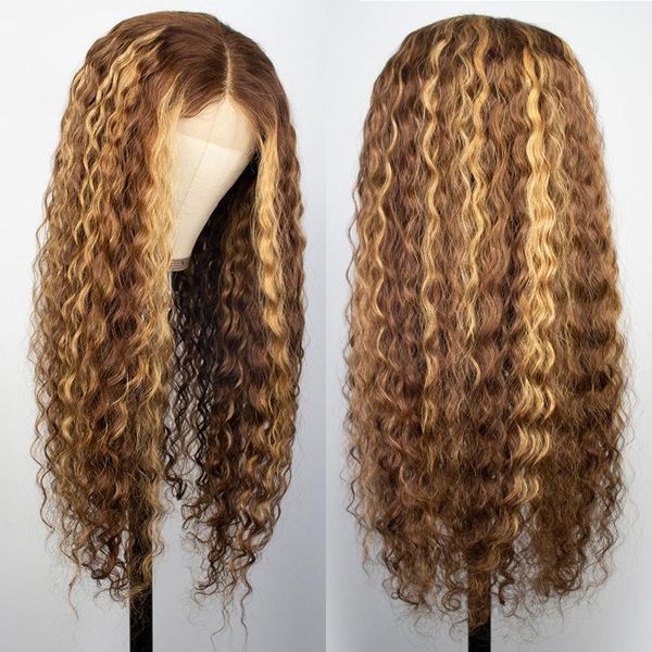 

lace wigs blonde highlight curly human hair wig water wave front transparent loose deep frontal t part natural 100%, Black;brown
