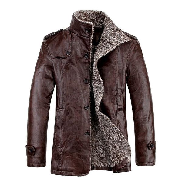 

vintage pu leather jackets men's winter warm thicken faux fur fleece liner men jacket windproof stand collar slim fit male coat1 ior6, Black;brown