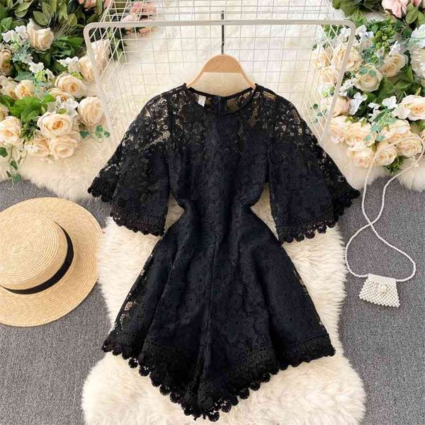 

european american age-reducing temperament round neck hollowed out horn short-sleeved waist and thin wide-leg jumpsuit gk107 210507, Black;white