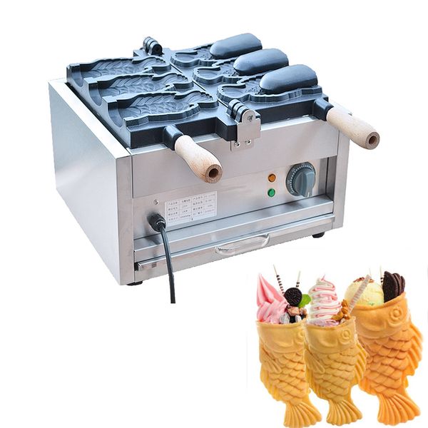 3 Formen Deep Mouth Eiscreme-Taiyaki-Hersteller, kommerzieller elektrischer Gebrauch, fischförmige Waffelkegelpfanne, antihaftbeschichtet, 2000 W