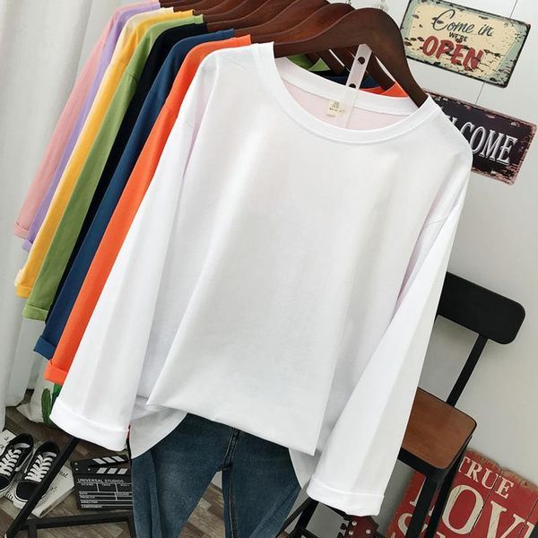 

donamol plus size fashion spring women t shirt autumn pure color long sleeve loose 100% cotton female, White