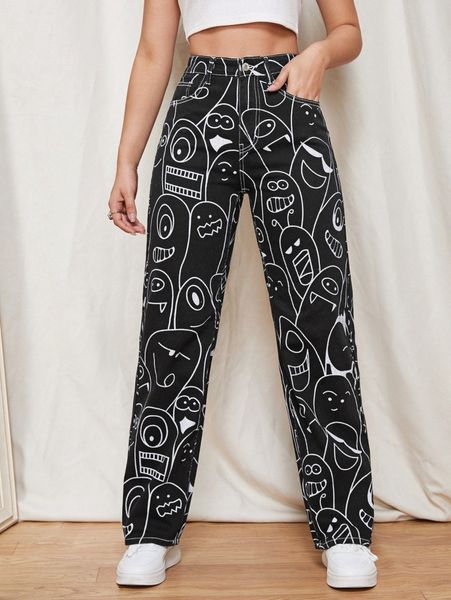 

high waist graphic pattern wide leg jeans 35wb#, Blue