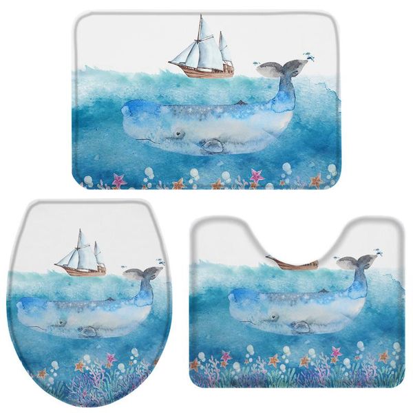

bath accessory set marine life whale and boat coral bathroom toilet cover mat pedestal rug non-slip accessories doormat