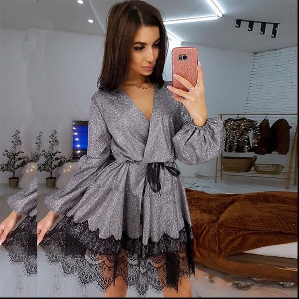 

vintage lace patchwork bright womens dress silk shiny long sleeve v solid spring fashion elegant, Black;gray