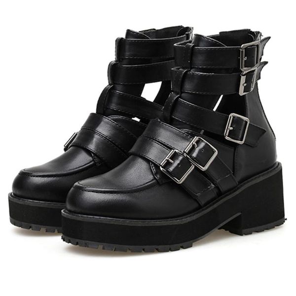 

boots 2021 gothic style buckles belt platform chunky heels ankle summer cool fashion woman shoes, Black