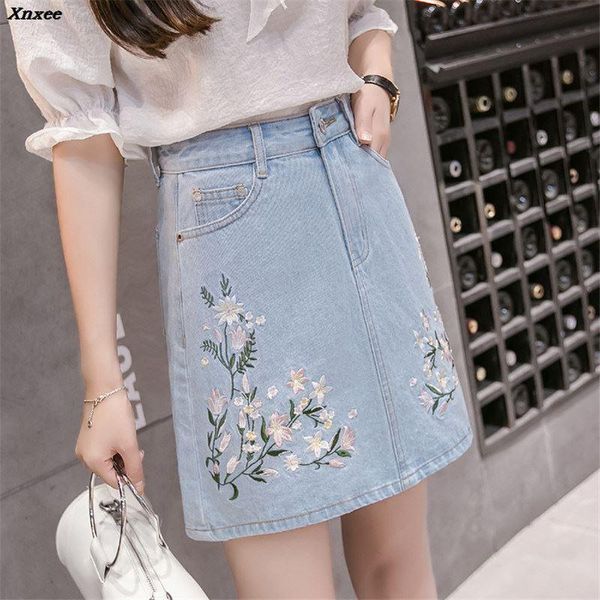 

skirts summer fashion high waist womens pockets denim skirt female saias 2021 embroidered all-matched casual jeans xnxee, Black