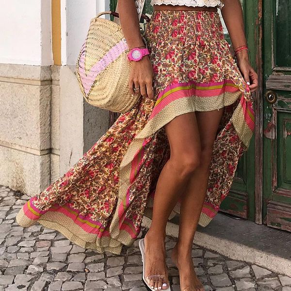 

skirts women's floral printing irregular high waist midi stretch boho ruffles empire gothic cotton skirt, Black