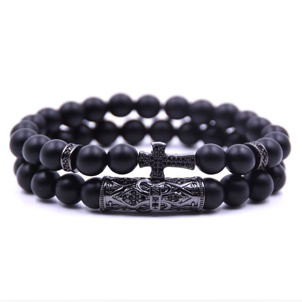 

cool men micro inlaid cross tube charm 8mm matte beads bracelet 2pcs/set, Golden;silver
