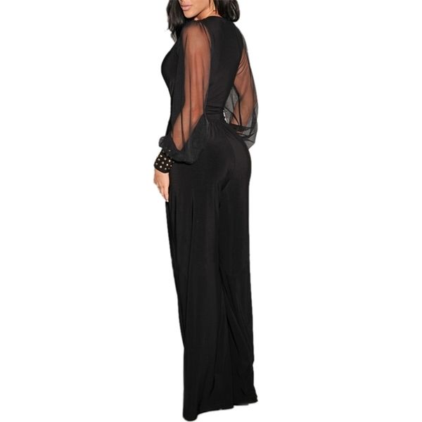 

women v-neck black jumpsuit see-through mesh patchwork rompers elegant ladies office overalls clothes wide leg pants d30, Black;white