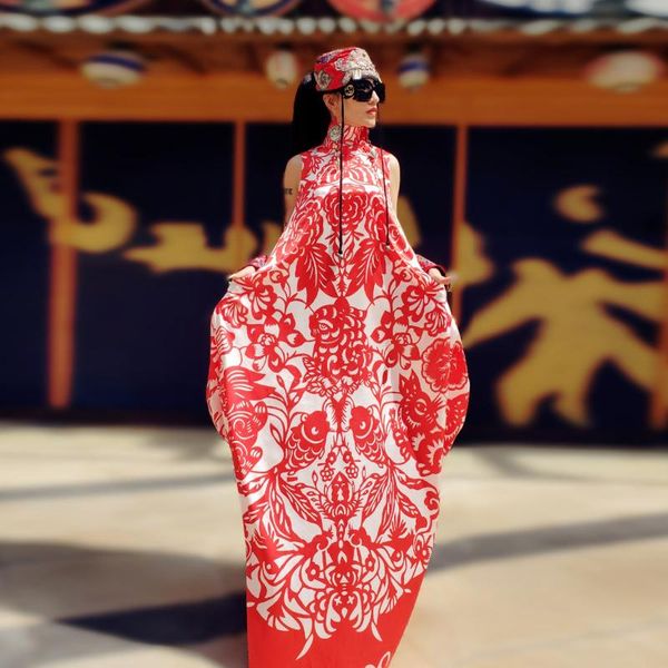 

full length women print flower dress traditional chinese cheongsam original design chiffon party robe gown qipao vestidos ethnic clothi, Red