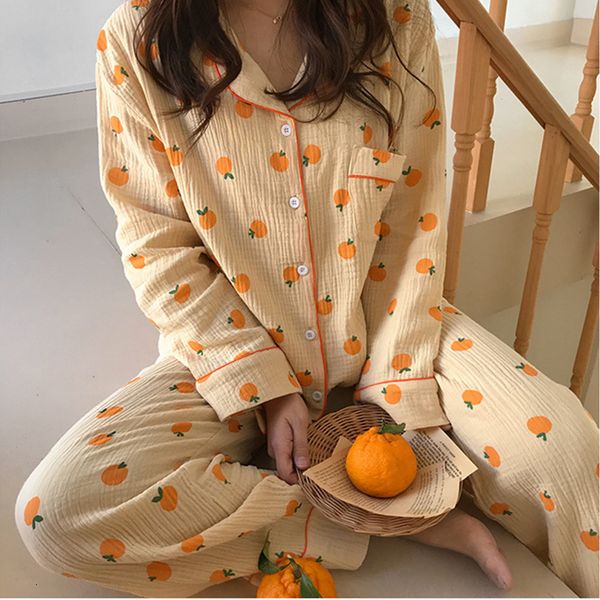 

women's sleepwear sweet orange printed pajamas women cotton korean japanese 2pcs turn-down collar casual homewear shirt+pants suir, Black;red