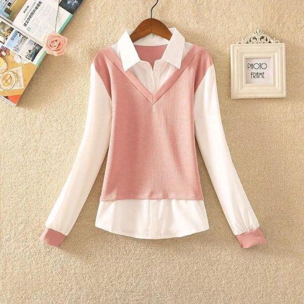 

women 2021 autumn winter fashion blouse female patchwork fake two-piece shirt ladies elegant casual blusas slim shirts e14 women's blo, White