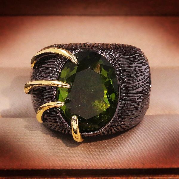 

cluster rings vintage style oval green zircon stone ring black jewelry two tune finger for women men fashion gift party, Golden;silver