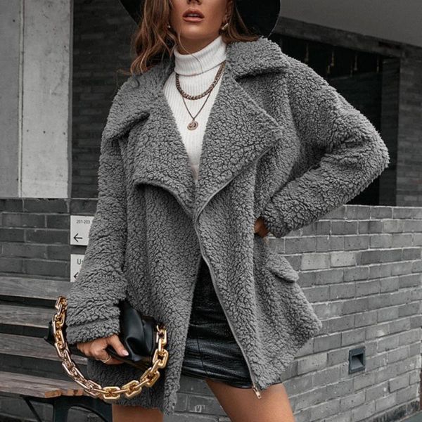 

women's wool & blends fashion leisure loose thickened bubble fleece zipper plush coat lapel lamb windbreaker woolen women, Black
