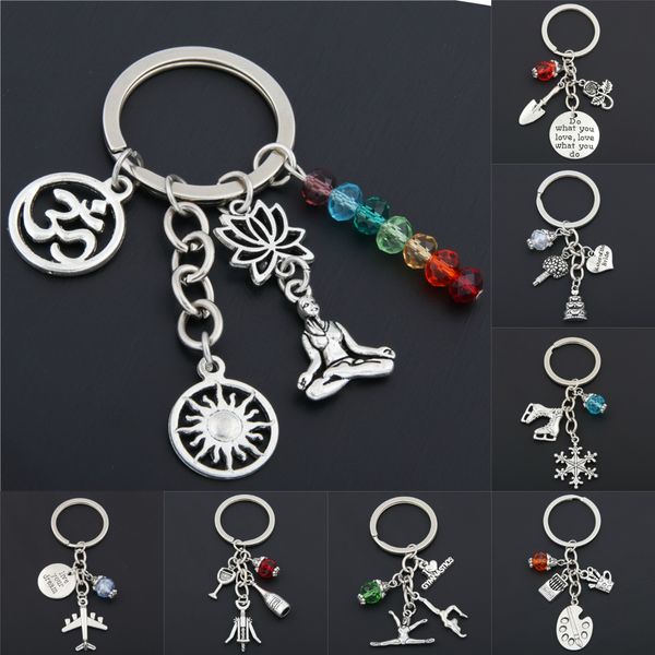

1pc Metal Charms With Colorful Beads Keychians Yoga Flower Wine Keyring Wedding Jewelry Gift For Lover