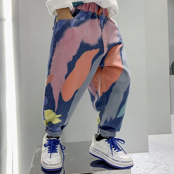 

jeans boys kids spring autumn trousers children denim pants teen boy print korean style casual elastic waist clothes 8 10y, Blue