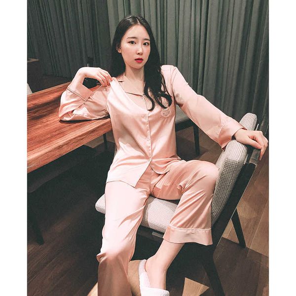 

net red pajamas women's spring and autumn v-neck long sleeve home two piece suit satin chiffon thin home suit can be worn out 1840, Black;red
