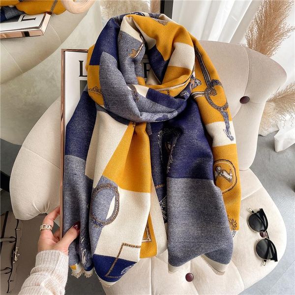 

scarves large thick warm shawl scarf women luxury print cashmere pashmina winter foulard hijab female 2021 designer blanket echarpe, Blue;gray