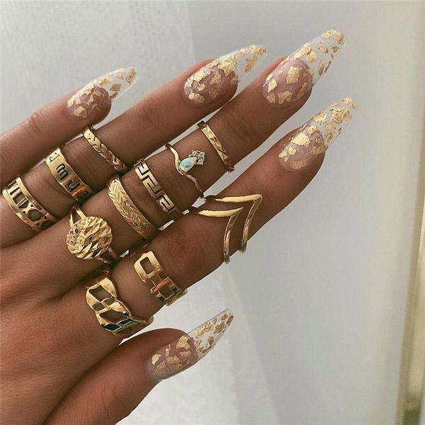 

cluster rings wukalo boho vintage gold star knuckle for women crystal crescent geometric female finger set jewelry, Golden;silver