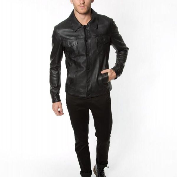 

genuine leather mens jacket fashion autumn single breasted sheepskin pilot outerwear men casual turndown collar motorcycle short jackets men, Black