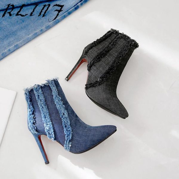 

boots rlinf stiletto high heel pointed denim women's booties, Black