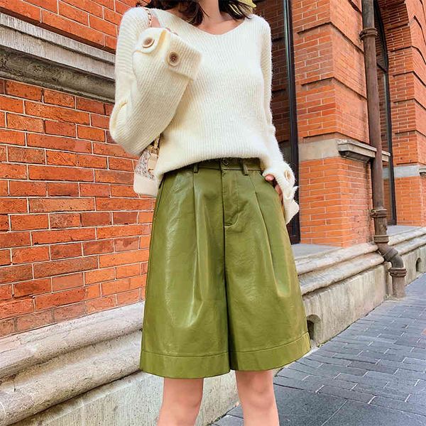 

plus size s-4xl pu women's autumn winter bermuda elastic waist loose five points leather trouser shorts b07515r 210304, White;black