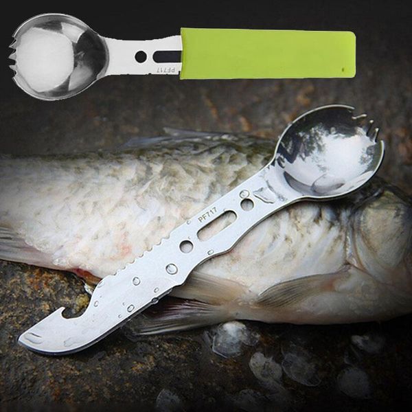 

camp kitchen 5 in 1 spoon stainless steel bottle opener tactical fork whistling camping tool cutting picnic cooking tableware outdoor