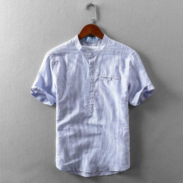 

men's casual shirts 2021 stand collar strieped linen short sleeve half open summer pullover men, White;black
