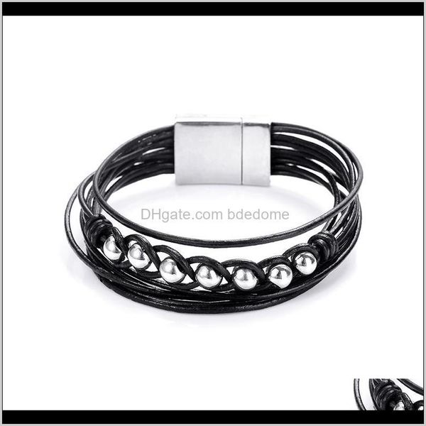 

tennis jewelry drop delivery 2021 trendy b spacer beads multi-layer geniune leather cord magnetic clasp wrap strand braided bracelets bangle, Golden;silver
