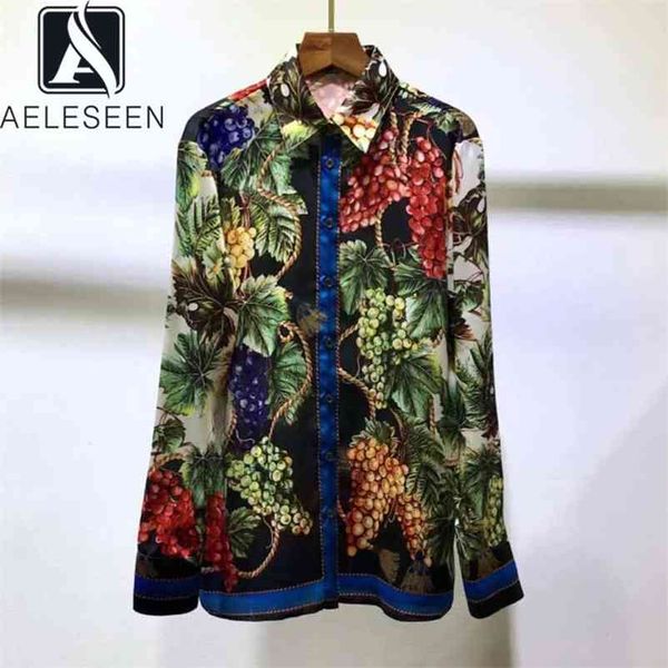 

aeleseen 100% twill silk shirts spring runway fashion grape flower print office ladies party elegant blouse 210401, White